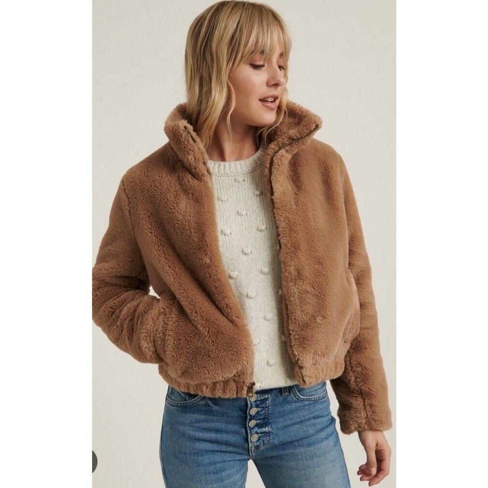 New Lucky Brand Womens Brown Full‎ Zip Drawstring Hem Faux Fur Casual Jacket MED